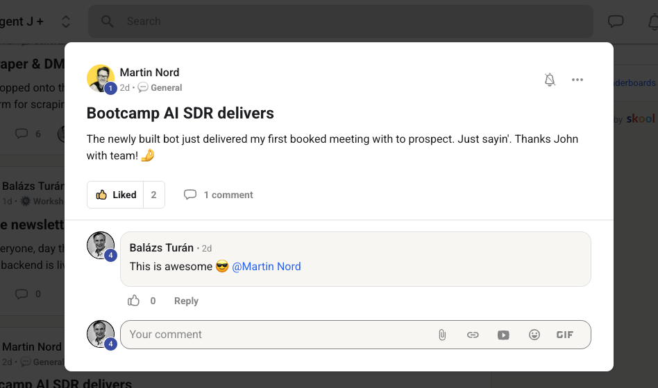 Agent-J community post from Martin Nord titled 'Bootcamp AI SDR delivers', sharing that his newly built bot delivered his first booked meeting